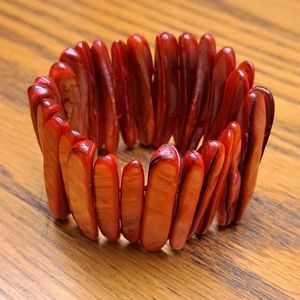 Vintage Red Abalone Shell Stretch Bracelet Wide Cuff Flat 3.5" Bangle Trinket